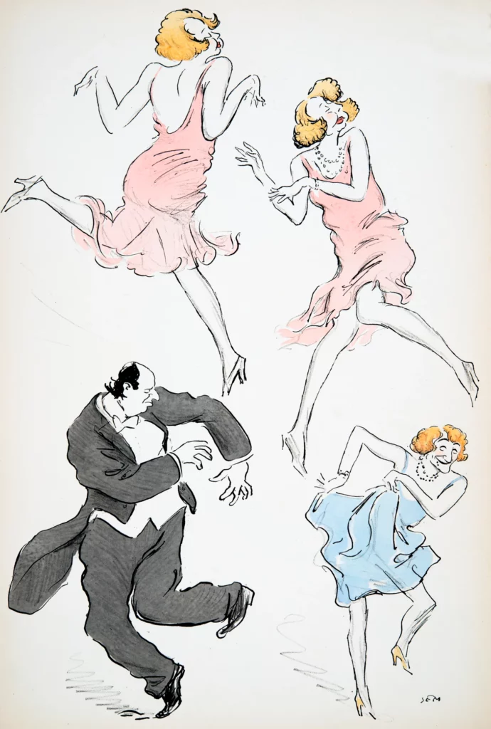 illustration from a 1927 magazine, showing 3 forms of trans women in pink or blue dress dancing with 1 man in a tuxedo.