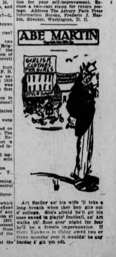 newspaper clipping: drawing of a shop called "Girlish Clothes for Girls" with a disapproving man looking at the viewer.