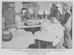 photograph of men in a prison laundry, captioned "In the penitentiary at Welfare Island, New York, are confined a daily average of seventy-five members of the "third sex." Laundry at Welfare Island.