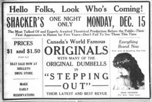 newspaper advert: "Hello Folks, Look Who's Coming!" with an illustratiion of Gene Pearson