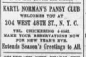newspaper advert: "Karyl Norman's Pansy Club Welcomes You At 204 West 28th St., N.Y.C.