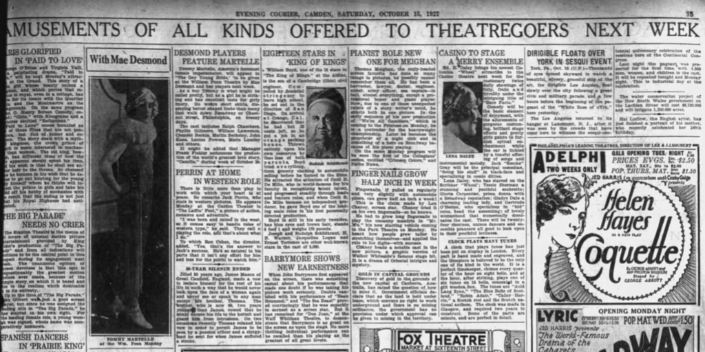 newspaper top headline "Amusements Of All Kinds Offered To Theatergoers Next Week" - "With Mae Desmond"