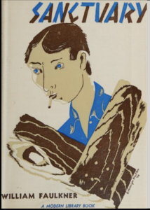 cover of William Faulnker's "Sanctuary": drawing of a white man with a cigarette in his mouth behind tree limbs