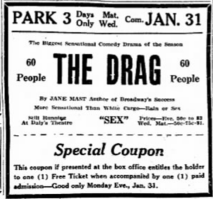 advertisement for "The Drag" for January 31, "The Biggest Sensational Comedy Drama of the Season" - "60 People"