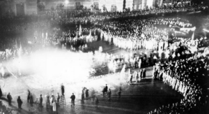 huge crows of Nazis in Germany burning books.