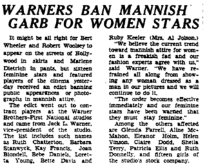 newspaper article: "Warners Ban Mannish Garb For Women Stars"