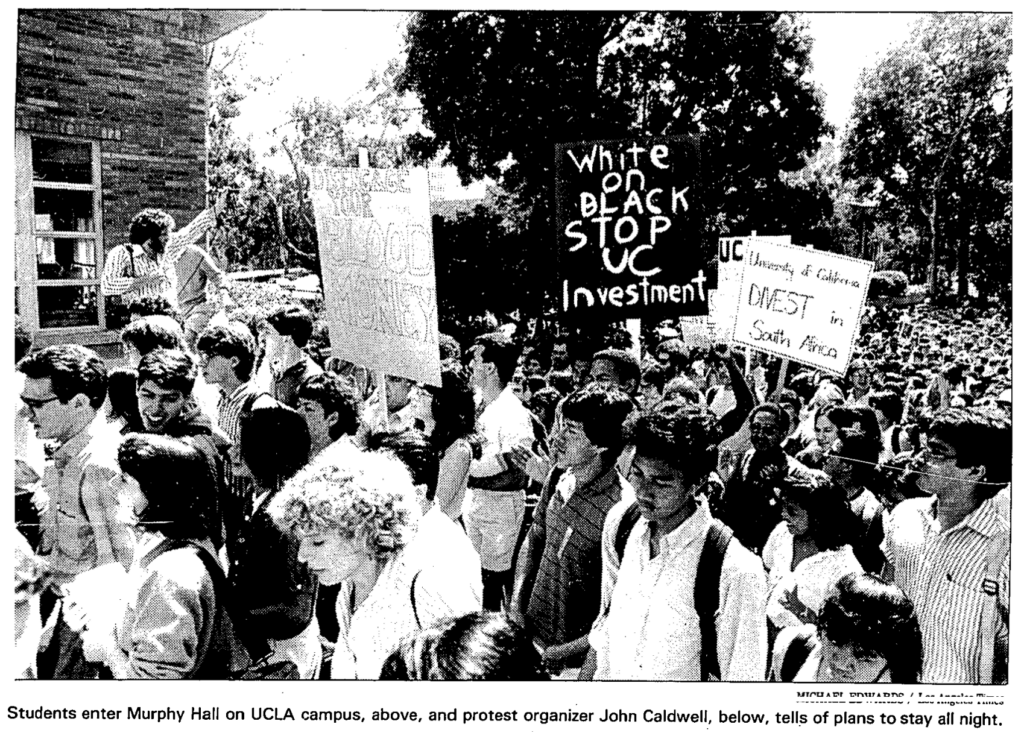 newspaper photograph, thousands of students protesting on UCLA campus, caption: "Students enter Murphy Hall on UCLA campus ... and protest organizer John Caldwell ... tells of plans to stay all night."