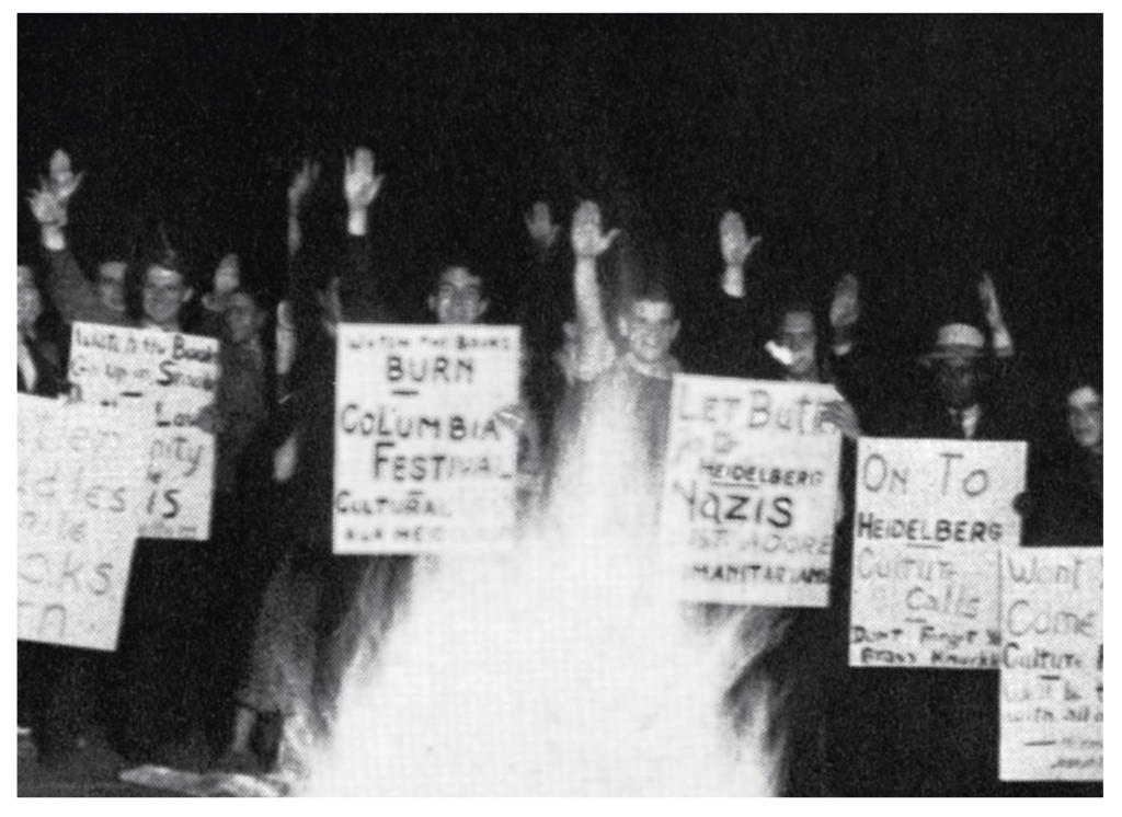 photograph, Columbia students mocking Nazi book burnings, and protesting Columbia's participation in the 1936 Heidelberg anniversary