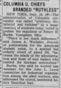 newspaper article, headline: "Columbia U. Chiefs Branded "Ruthless""