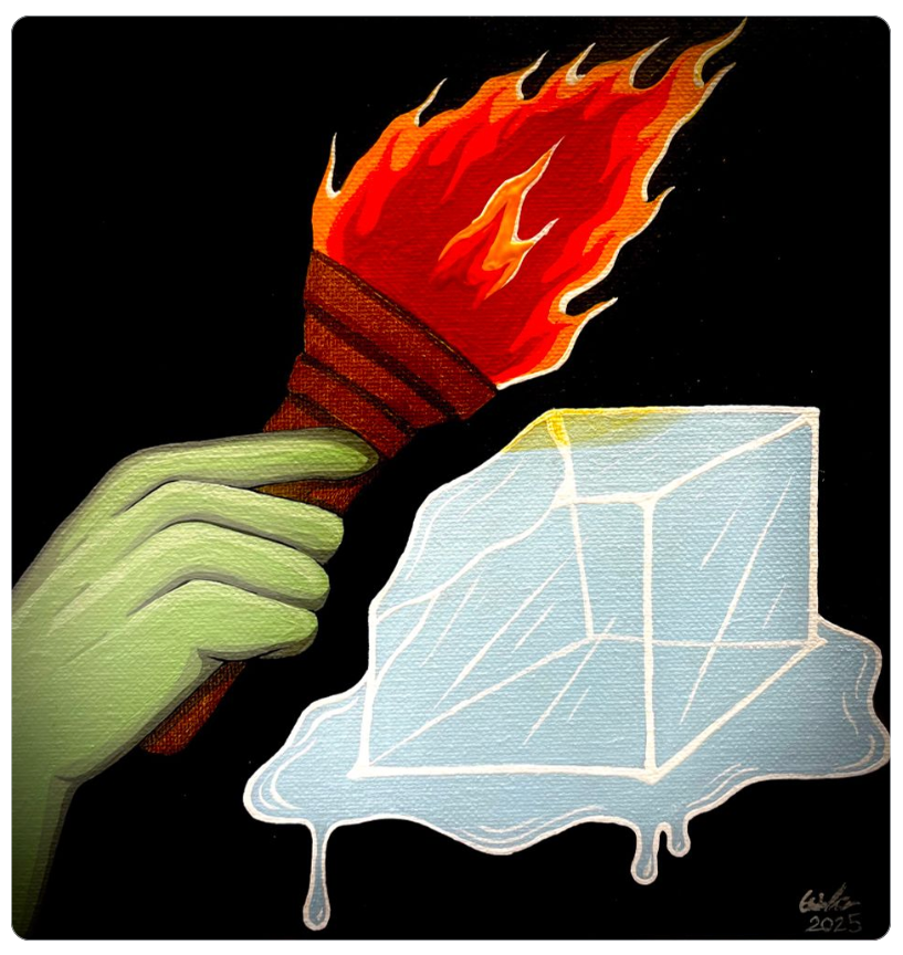 painting: block of ice that is melting from the heat of Lady Libery's torch (just the torch and hand are seen)