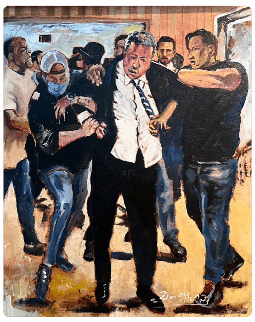 Dan's Art description: "Brad Lander NY Comptroller" - depiction of Brad Lander being arrested by ICE agents