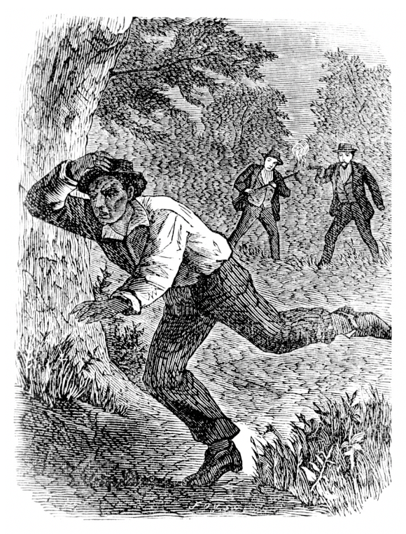 old black and white illustration: a Black man, escaping slavery, running in a forest/field away from 2 white men with guns.