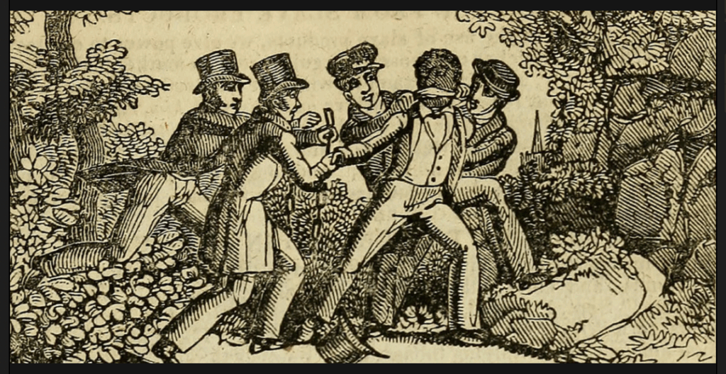 old black and white illustration: 4 white men abduct a Black man, gag him, and are attempting to tie his hands